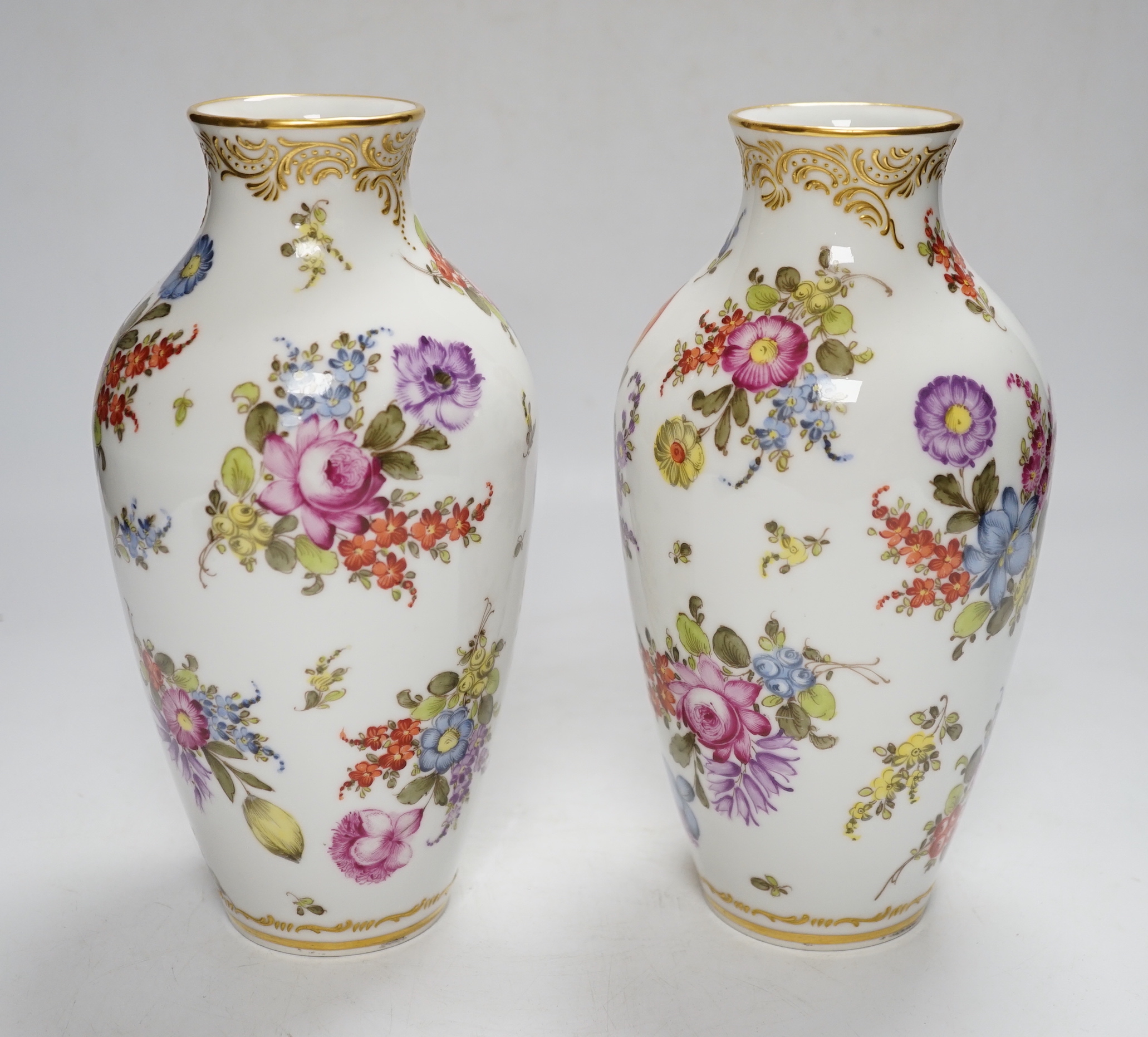 A pair of Dresden floral vases, painted with flowers, pseudo crossed swords marks, 22.5cm